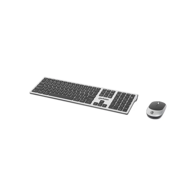 Manhattan Diseño elegante, un solo receptor USB-A Nano para ambos, teclado inalámbrico de tamaño normal, mouse óptico ambidiestro con tres botones y rueda de desplazamiento, 1200 ppp, plateado/negro