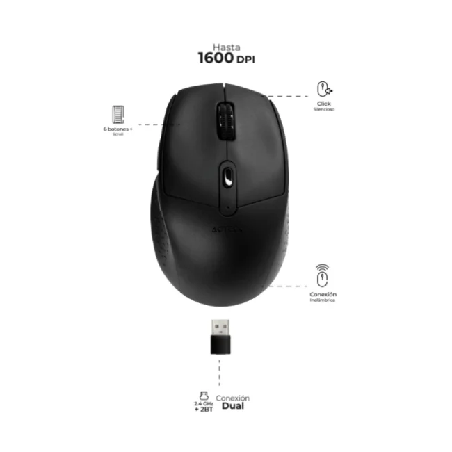 Acteck OPTIMIZE ERGO MI 680 ratón Diestro RF inalámbrico Óptico 1600 DPI