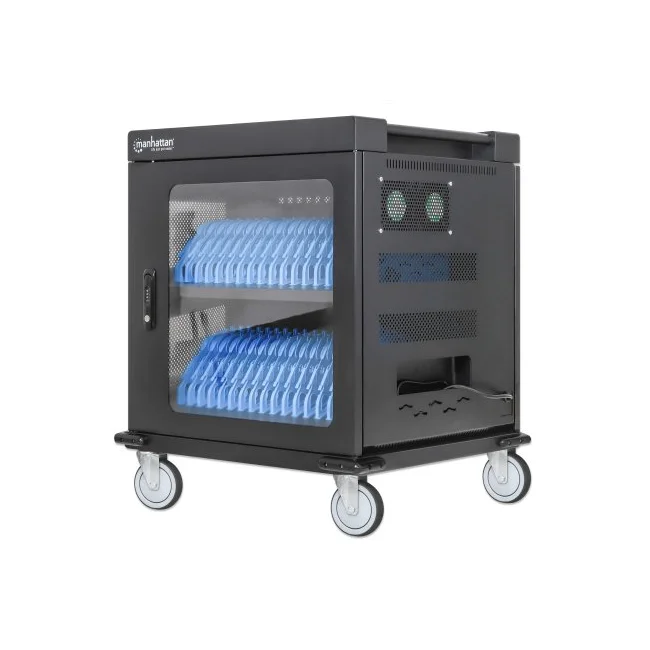 Manhattan Carrito de carga con 32 contactos de corriente alterna 32 Tomas de corriente NEMA 5-15R integradas en la parte posterior, protección contra sobrecarga, amplias ranuras para dispositivos de hasta 15.6", gabinete con cerradura, negro