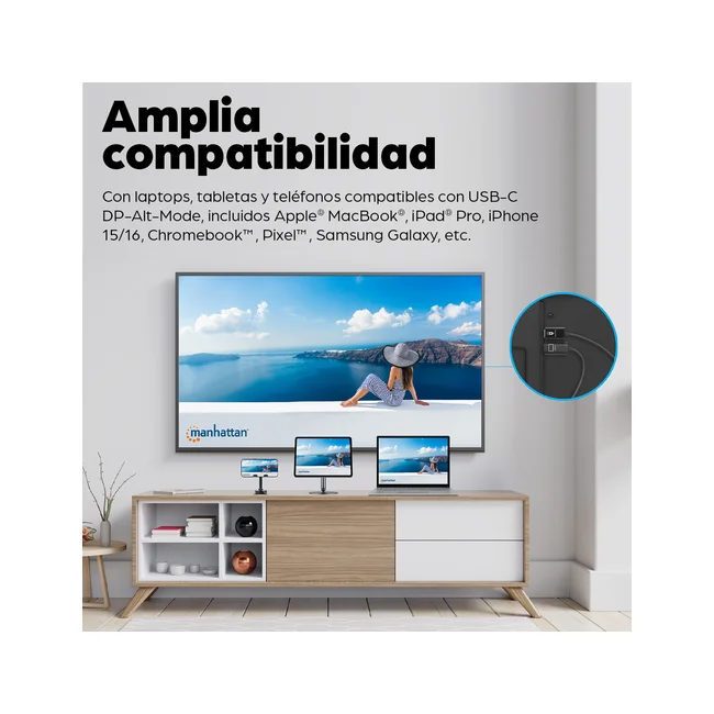 Manhattan Kit de presentación de pantalla HDMI inalámbrica 1080p. Set de 2 piezas con receptor HDMI y dongle transmisor USB-C para mostrar de forma inalámbrica una señal de vídeo desde un ordenador portátil/tablet/smartphone en un televisor o proyector HDMI, negro. image 15