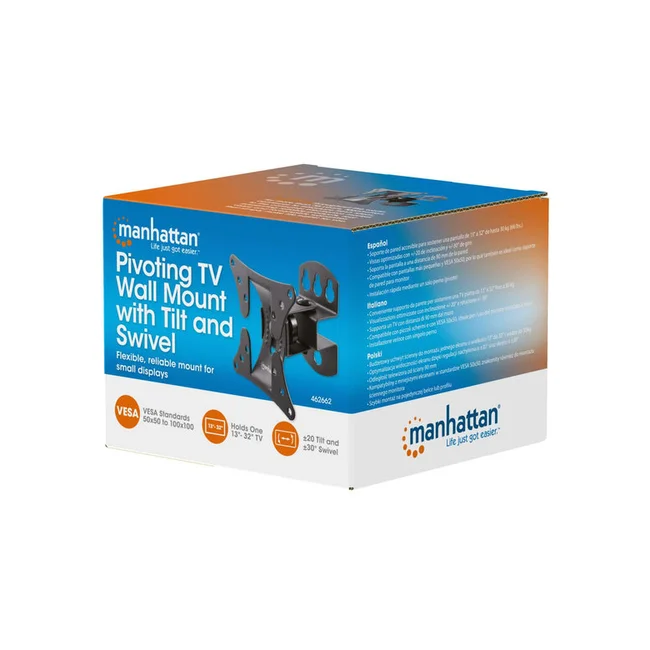 Manhattan Soporte de pared con pivote para pantalla de 13" a 32". Sujeta una pantalla o monitor de 13" a 32" de hasta 30 kg (66 lbs.), +/- 20° de inclinación, +/-30° de giro, soporte de un solo perno (pivote), negro image 4