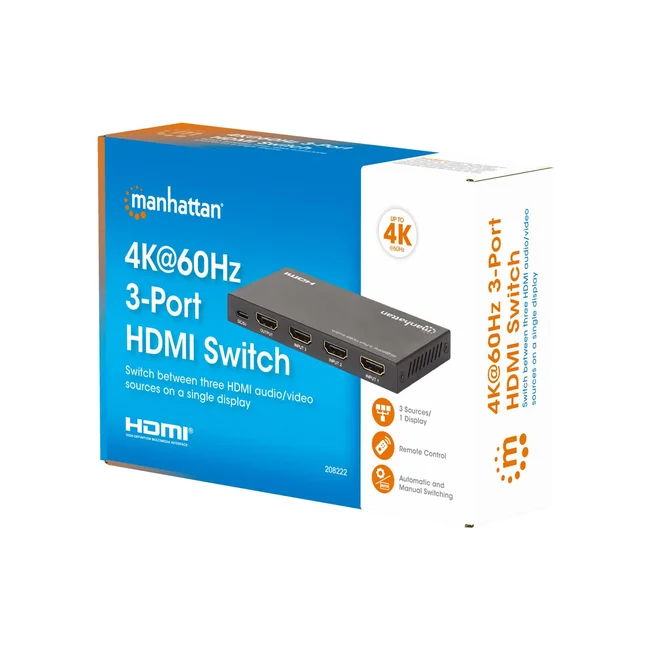 Manhattan Alterna entre tres entradas HDMI en una salida HDMI (3x1), 4K60Hz, 18G, conmutación automática y manual, mando a distancia por infrarrojos, negro image 5