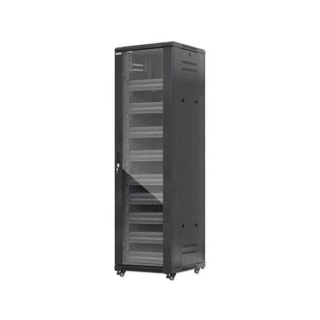 Intellinet Gabinete 19" Pro Line con extractores de aire, 42U, Unidad de ventilación de dos ventiladores montada en el techo, ensamblada, 23.6 in. (600 mm) de profundidad y ancho, color negro RAL 9004. Profundidad de instalación útil: ajustable de 150 a 500 mm (5.91 a 19.69 pulg.)