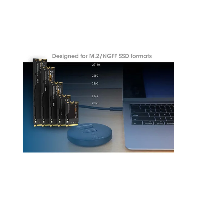 Manhattan Estación de acoplamiento y clonación de SSD M.2 NVMe. Base para duplicar o acceder a unidades M.2, con cable integrado USB-C SuperSpeed+ a 10 Gbps (USB 3.2 Gen 2), para unidades SSD 2230/2242/2260/2280/22110 con llave M o llave B+M, negro image 12