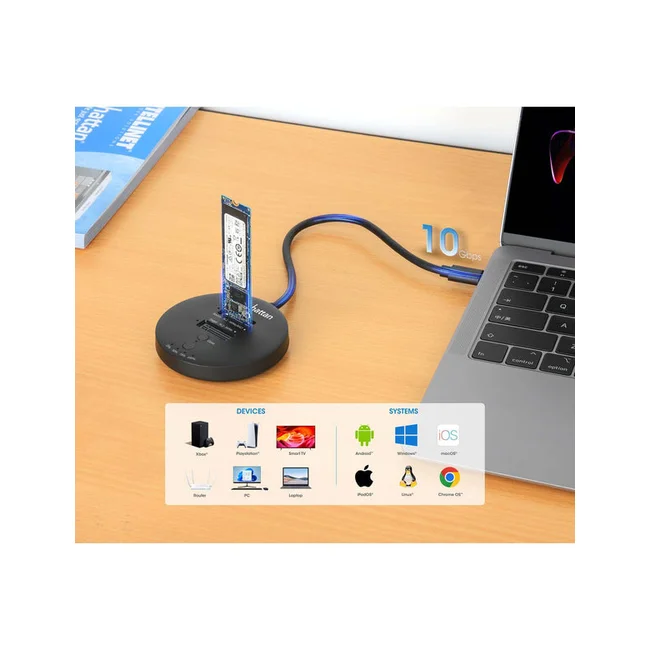 Manhattan Estación de acoplamiento y clonación de SSD M.2 NVMe. Base para duplicar o acceder a unidades M.2, con cable integrado USB-C SuperSpeed+ a 10 Gbps (USB 3.2 Gen 2), para unidades SSD 2230/2242/2260/2280/22110 con llave M o llave B+M, negro image 5