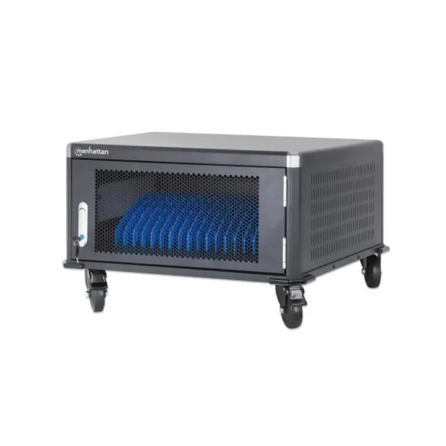 Manhattan Gabinete de carga con 20 contactos de CA, Tomas NEMA 5-15R incorporadas en la parte posterior, amplios compartimentos para dispositivos de hasta 15.6", con cerradura, protección contra sobrecarga, negro, Guarda y carga tus dispositivos de forma segura