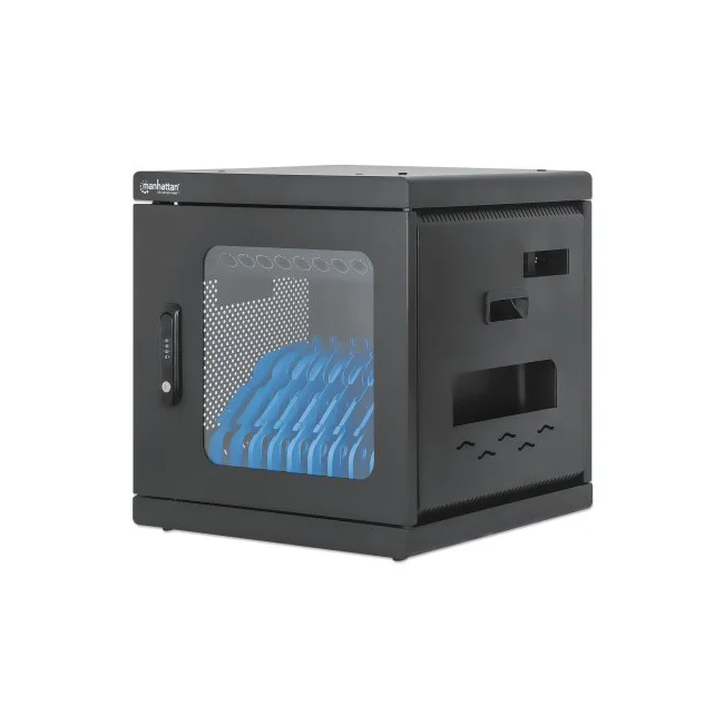 Manhattan Gabinete de carga con 10 contactos de corriente alterna Amplias ranuras para dispositivos de hasta 15.6", salidas NEMA 5-15R, protección contra sobrecarga, gabinete con cerradura, montaje en pared, apilable, negro.
