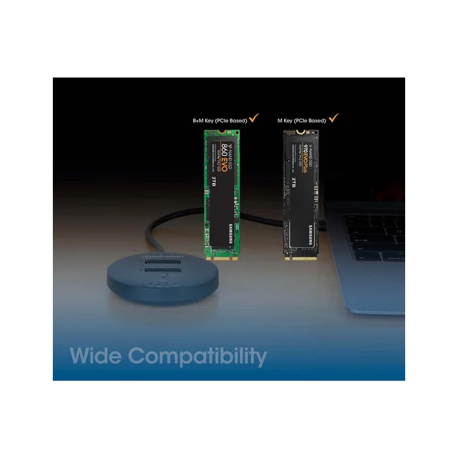 Manhattan Estación de acoplamiento y clonación de SSD M.2 NVMe. Base para duplicar o acceder a unidades M.2, con cable integrado USB-C SuperSpeed+ a 10 Gbps (USB 3.2 Gen 2), para unidades SSD 2230/2242/2260/2280/22110 con llave M o llave B+M, negro image 10
