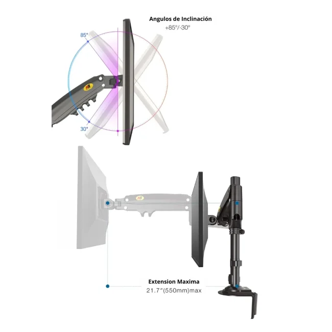 TCE H100 - Soporte de Escritorio para Pantallas de 22 a 35" , Carga Máxima 9 Kg , VESA 75x75mm / 100x100mm , Ajuste Inclinación y Rotación image 6