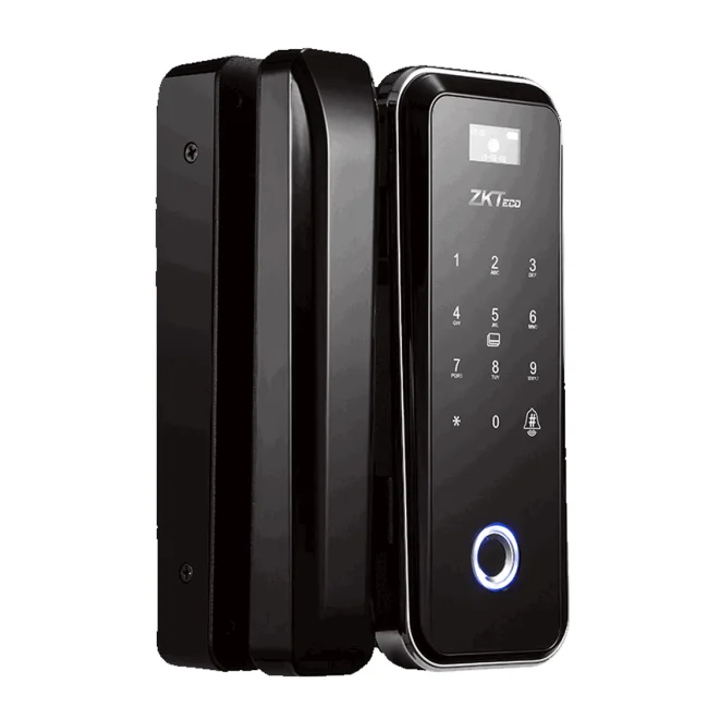 ZK GL300 - Cerradura Biométrica para Puertas de Vidrio, Compatible con Anchos de Puerta de 10 a 12 mm, Capacidad para 100 Usuarios, Control Remoto Incluido, Compatible con Tarjetas Mifare 13.56 MHz