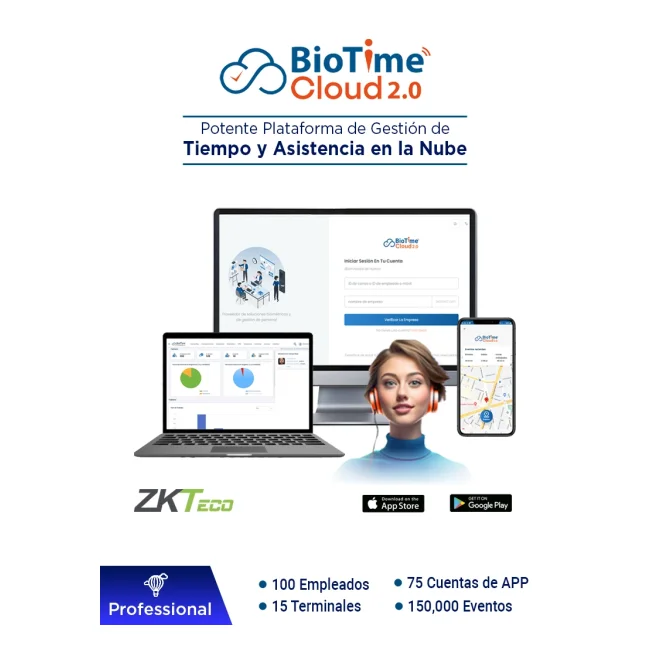 ZKTECO BIOTIMECLOUDPROFESSIONAL - Licencia de Asistencia en la Nube para 100 Empleados, 15 Terminales, 150,000 Eventos y 75 Cuentas de App, Suscripción por un Año