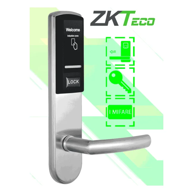 ZKTECO LH3000R - Cerradura Derecha para Hotel con Tecnología Mifare 13.56 MHz, Compatible con Puertas de 40 a 55 mm de Grosor, 2 Pestillos de Seguridad, Fabricada en Acero Inoxidable, Capacidad de Registro de 224 Eventos