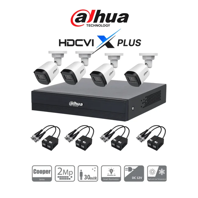 DAHUA DH-KIT/XVR1B04-I/T/4-B1A21N-U-0280B/Balun - Kit 4 Canales Cámaras B1A21N-U de 2 MP, DVR XVR1B04-I/T Soporta Audio Bidireccional, Lente 2.8mm, Visión de 93°. Soporta 4 Canales más 1 IP o 5 Canales IP, SMD Plus, Incl. Transceptores