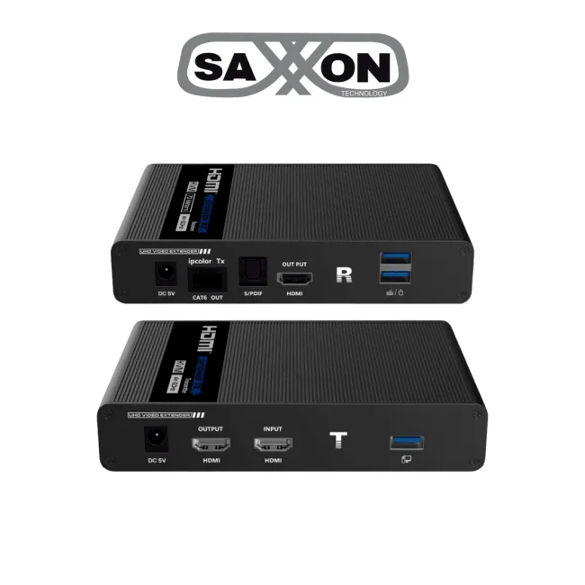 SAXXON LKV676KVM-PI - Kit extensor de video HDMI IPCOLOR/ Resolucion 4K @ 30 Hz/ Hasta 70 metros en 1080P y 40m en 4K con Cat 6/ 6A/ 7/ Cero latencia/ Soporta Teclado Video Mouse/ Soporta HDR/ ARC