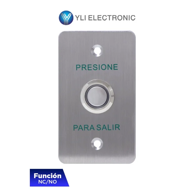 YLI PBK814BLED - Botón de Salida Mecánico, Indicador LED (Azul), Acero Inoxidable, 12 VCC, Función NC/NO