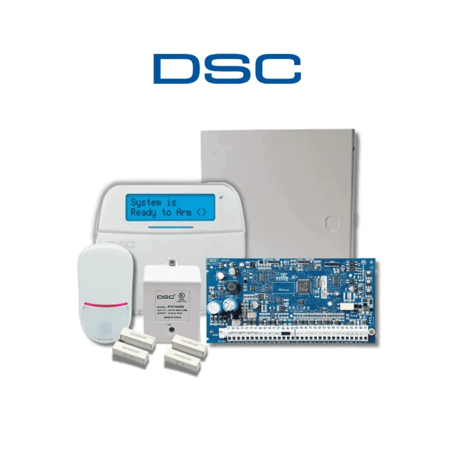 DSC NEO-LCD-SB -Paquete SERIE NEO con panel HS2032 de 8 zonas cableadas expandible a 32 / Teclado Alfanumérico HS2LCDN / Sensor PIR LC-200 Cableado / 2 contactos cableados / Transformador / Gabinete GTVCMX003 / Sin Batería