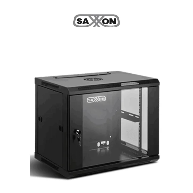 SAXXON SXR12U5412A - Gabinete de Pared Negro / 12UR / Puerta de Vidrio Templado / Alto 60 cm / Ancho 53 cm / Profundidad 40 cm