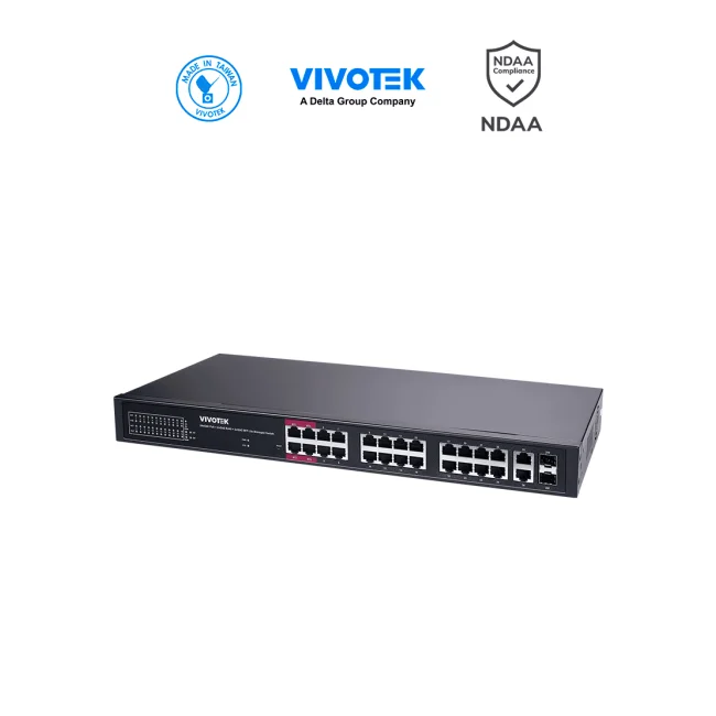 VIVOTEK AW-GEL-285A-380  - Switch PoE  24 puertos Administrable Lite, 20 puertos GE 30W PoE, 4 puertos GE 90W PoE, 2 puertos GE UTP, 2 puertos GE SFP, lite managed PoE, 56 Gbps, 380W totales, PoE Extendido 250 Mts, NDAA
