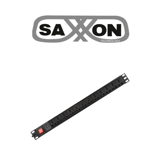SAXXON SXPDU12P16A- Barra PDU con 12 Contactos Individuales , 16 Amp , 120V , 1UR , Protección contra rayos , Aleación de Aluminio