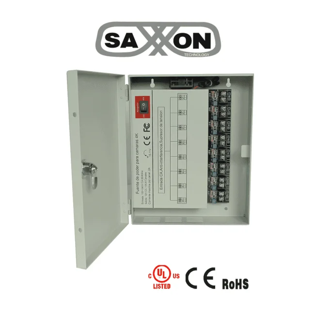 SAXXON PSU1213D8H- Fuente de Poder Profesional de 11 a 15 vcd/ 13 Amperes/ Para 8 Camaras Hasta 4k/ 1.6 Amperes por Canal/  Protección contra Sobrecargas/ Filtro de Ruido por Canal/ Uso rudo/
