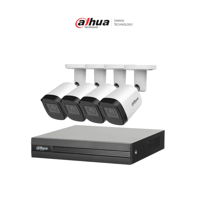 DAHUA KITXVR1B04H-I4B2A51-U - Kit de 4 Cámaras metálicas 5 MP Lente de 2.8mm y un DVR Cooper-I WizSense, 4 Canales + 1 IP o Hasta 5 Canales IP. Soporta Con IA, H.265+, SMD Plus y Búsqueda de Humanos y Vehículos.