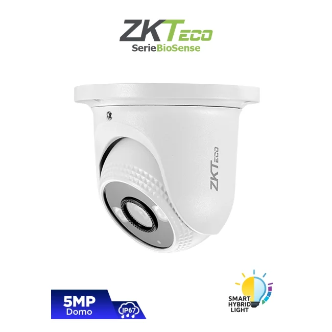 ZKTECO ES-855P31C-S8-MI-S-HL - Cámara IP Domo Híbrida Inteligente de 5 MP, Serie BioSense, Lente 3.6 mm, Micrófono Integrado, Video Analítico IVA, Visión nocturna híbrida: IR 40 m / Luz blanca 30 m, PoE, IP67, Onvif y Carcasa Metálica