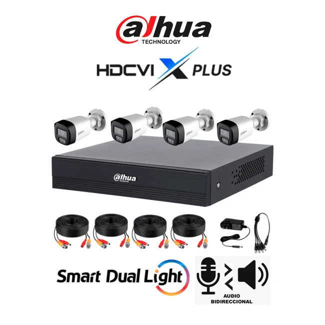 DAHUA DH-KIT/XVR1B04-I/T/4-HAC-HFW1200RLN-IL-T- Kit de 4 Canales Iluminador Dual 2 MP con Audio y DVR Cooper-I WizSense. Incluye 4 cámaras Iluminador dual 2 MP con micrófono integrado. Sistema de 4 canales más 1 IP y 4 SMD Plus. Incluye accesorios