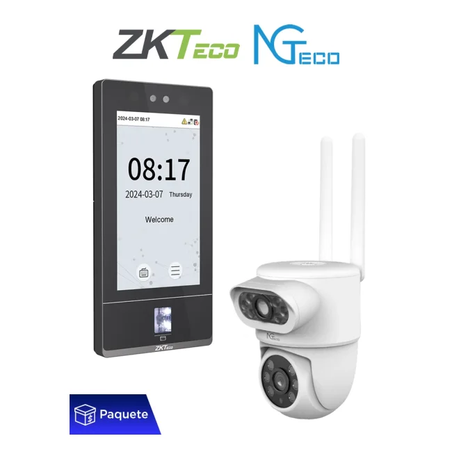 ZKTECO SenseFace 7A + SH01-C8AN - Control de Acceso y Asistencia con 10,000 Rostros, 10,000 Huellas, 50,000 Tarjetas ID de 125 kHz y Cámara Wi-Fi PTZ de 4 MP, IP65, TCP/IP y ZKBio Zlink