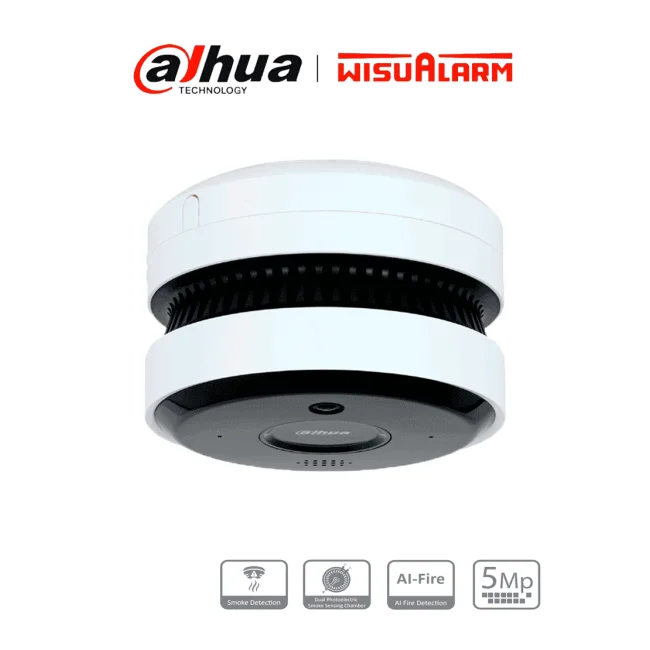 DAHUA WISUALARM DHI-HY-SAV849HA-E -Cámara IP 5MP con IA para Detección de Incendio, Detector Fotoelectrico, Buzzer de 85 dB, WDR Real, Flip, E&S de Alarma, IR de 20 Metros, PoE, Micrófono y altavoz, Ranura MicroSD