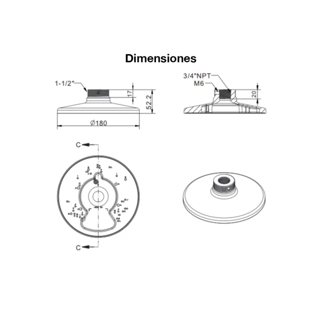 VIVOTEK AM-520_V05 - Soporte de montaje para camaras domo y fisheye, para exterior, Conector hembra 3/4" NPT,  Conector macho 1-1/2" PS image 2