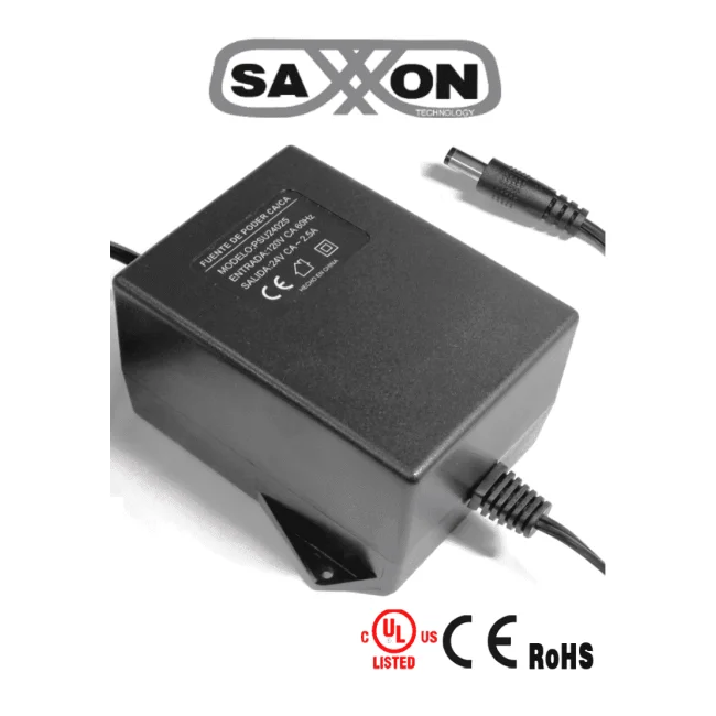 SAXXON PSU24025 - Fuente de Poder de 24 Vca a 2.5 Amperes/ Cable de 2.5 Metros/ Entrada 110 Vca/ Protección contra Sobre Cargas/