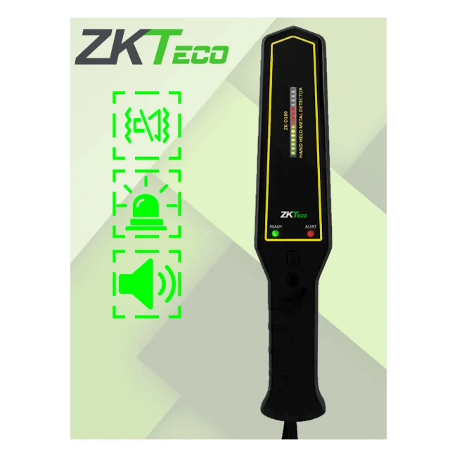ZKTECO D180 - Detector de metales portátil con alta sensibilidad, indicador visual, alarmas sonora y vibración. Su batería recargable de 9VDC proporciona hasta 40 horas de uso continuo, ideal para aplicaciones de seguridad eficientes y prolongadas.