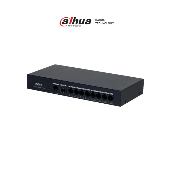DAHUA DH-PFS3110-8GT-65 - Switch PoE inteligente con 8 puertos Gigabit, 60W de potencia total y switching de 20 Gbps. Ideal para alimentar y conectar dispositivos IP con protección contra descargas eléctricas.