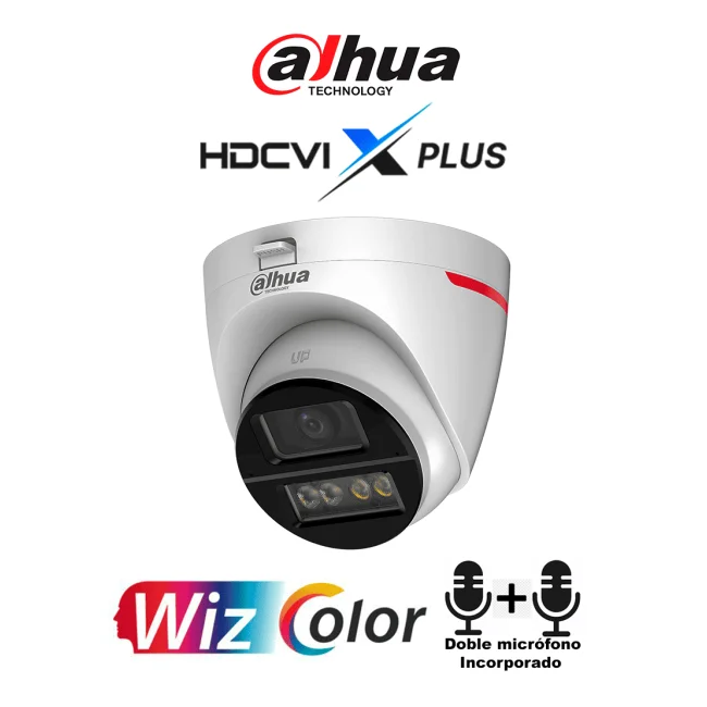 DAHUA DH-HAC-HDW1549XN-A-PRO -Cámara Domo 5MP WizColor/Imagen 24 Horas a Color/Corrección de Imagen Mediante IA/ Iluminador Int con Luz Calida/ Hasta 50m Ilumin/ Doble Mic Incorp/Lente de 2.8mm Visión de Hasta 101°/WDR Real/ Policarbonato+Metal