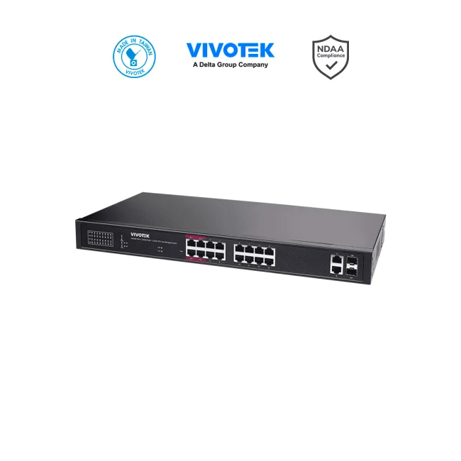 VIVOTEK AW-GEL-205A-260 - Switch PoE 20 puertos Administrable Lite, 16 puertos GE 30W PoE, 4 puertos GE 90W PoE, 2 puertos GE UTP, 2 puertos GE SFP lite, 40 Gbps, 260W totales, PoE Extendido 250 Mts, NDAA