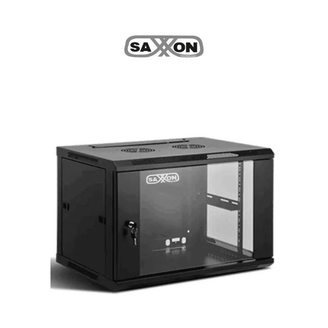 SAXXON SXR6U6406S - Gabinete de Pared Negro / 6UR / Puerta de Vidrio Templado / Alto 35 cm / Ancho 60 cm / Profundidad 45 cm /