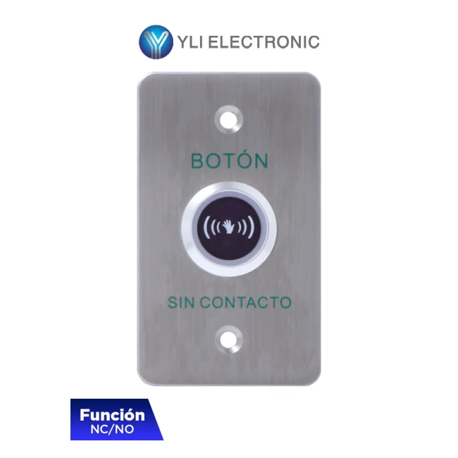 YLI ISK841BLED - Botón de Salida sin Contacto, Indicador LED, Acero Inoxidable, 12 VCC, Función NC/NO, Distancia de Detección y Retardo del Relevador Ajustables