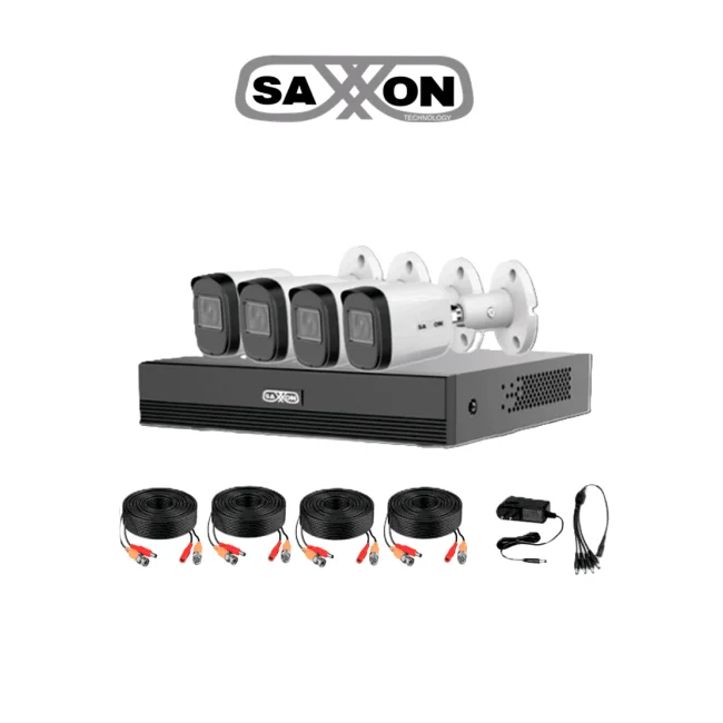SAXXON SUA-KIT/XVR1E04-I/4-B20M-0280B-Kit de 4Canales HDCVI 1080P/4 Cámaras B20M de 2.8mm con Campo de Visión de Hasta 100°/Grabador Soporta Hasta 5 Canales IP yDetección de Movimiento Inteligente/Cámaras Fabricadas en Metal deAlta Duración