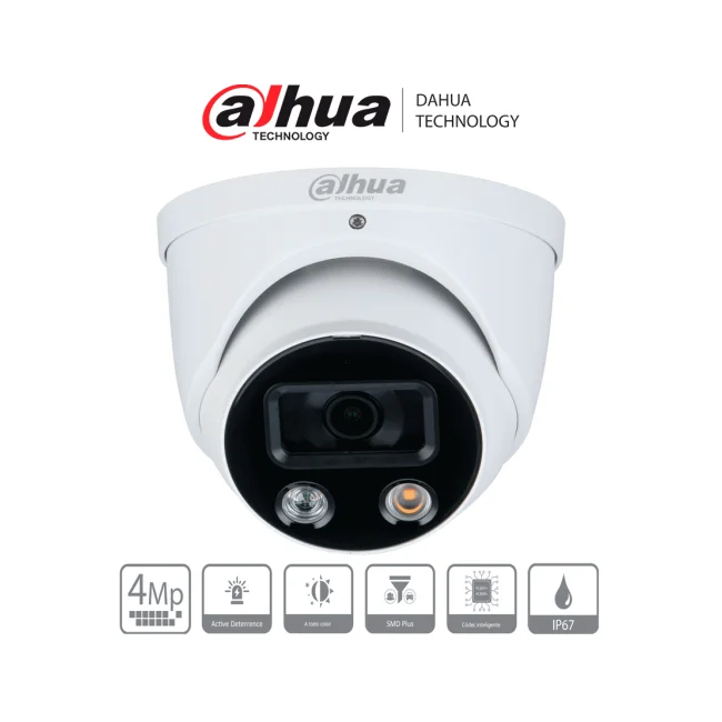 DAHUA DH-IPC-HDW3449H-AS-PV - Camara IP Domo TiOC de 4 Megapixeles/ WizSense/ Lente de 2.8 mm/ Angulo de 101 Grados/ Iluminador Dual/ Sirena/ Estrobo Azul y Rojo/IR 30m/ SMD 4.0/ Microfono Integrado/ Ranura MicroSD/  IP67/ PoE