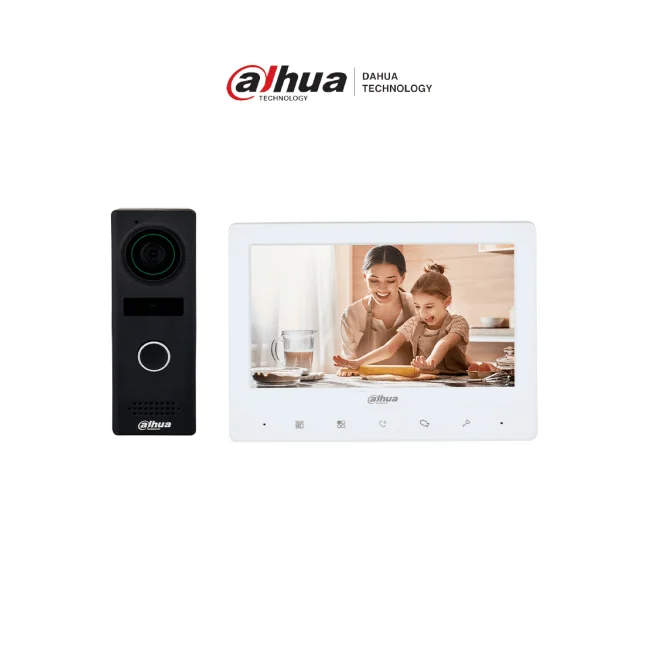 DAHUA KTA02M - Kit de videoportero analógico con frente de calle metálico y cámara de 1.3 MP, DWDR e IR automático. Incluye monitor TFT de 7", entrada y salida de audio, y soporte para botón de salida. Ideal para seguridad y comodidad