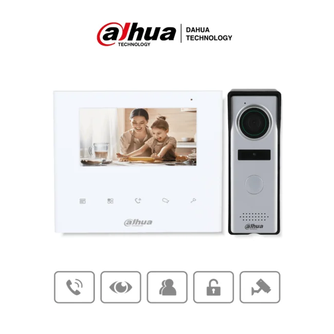 DAHUA DHI-KTA04 - Kit de videoportero analógico con monitor de 4.3" y botones táctiles. Incluye frente de calle con cámara de 1.3 MP, múltiples tonos de timbre personalizables, y función de apertura de puerta para mayor seguridad y comodidad.