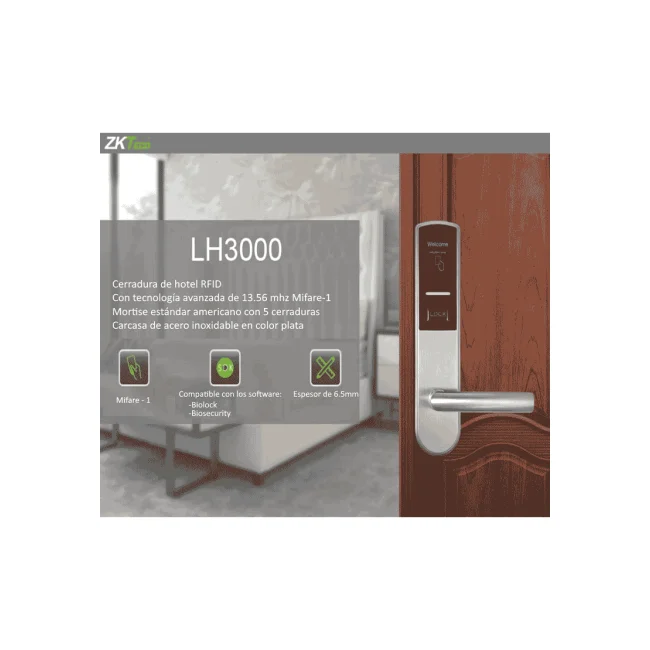 ZKTECO LH3000L - Cerradura Izquierda para Hotel con Tecnología Mifare 13.56 MHz, Compatible con Puertas de 40 a 55 mm de Grosor, 2 Pestillos de Seguridad, Fabricada en Acero Inoxidable, Capacidad de Registro de 224 Eventos image 5