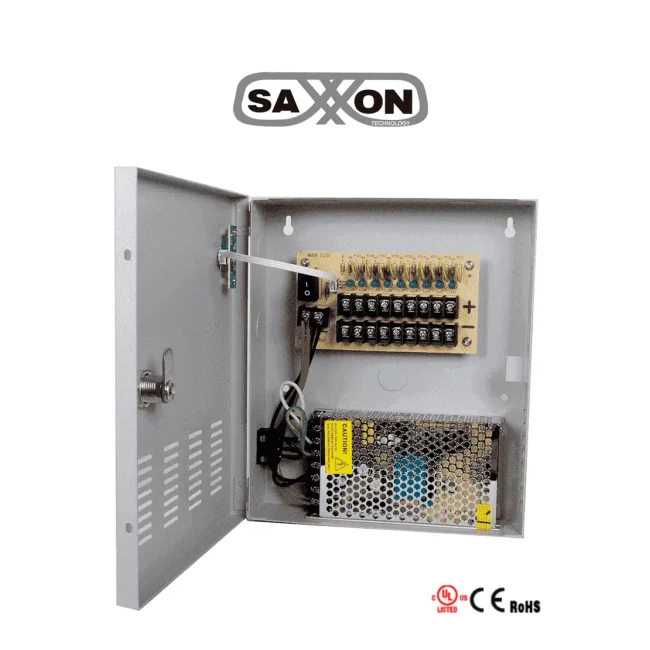 SAXXON PSU1210D9 - Fuente de Poder de 12 vcd/ 10 Amperes/ Para 9 Camaras/ 1.1 Amper por Canal/ Protección contra Sobrecargas/ Certificación UL/