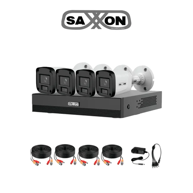 SAXXON SUA-KIT/XVR1E04-I/4-B20P-0280B - Kit 4 Canales HDCVI 1080P/ 4 Cámaras B20P 2.8mm Apertura Hasta 100°/ Grabador Soporta Hasta 5 Canales IP y Detección de Movimiento Inteligente/  Policarbonato/