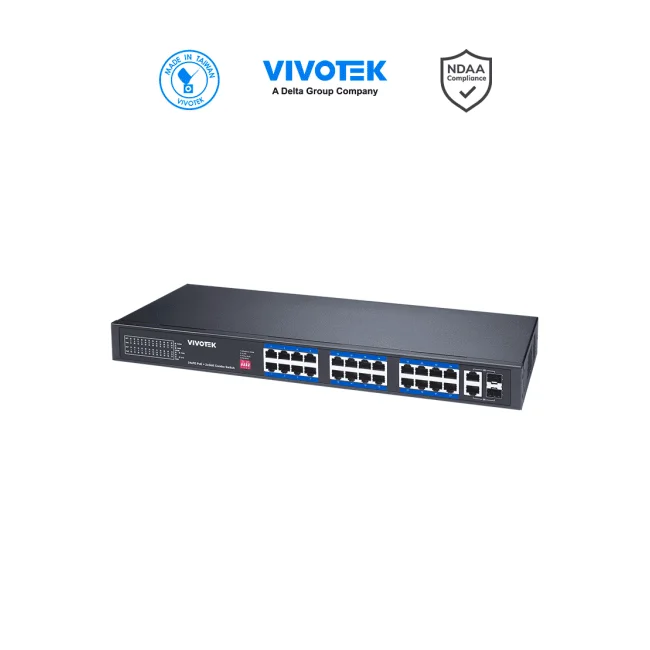 VIVOTEK AW-FGT-260P-370 - Switch PoE no administrable, 24 puertos PoE FE RJ45, 2 puertos Combo GE RJ45/SFP, 30W por puerto, 370W totales, PoE Extendido Adaptable hasta 250mts, 8.8 Gbps, Protección 6KV