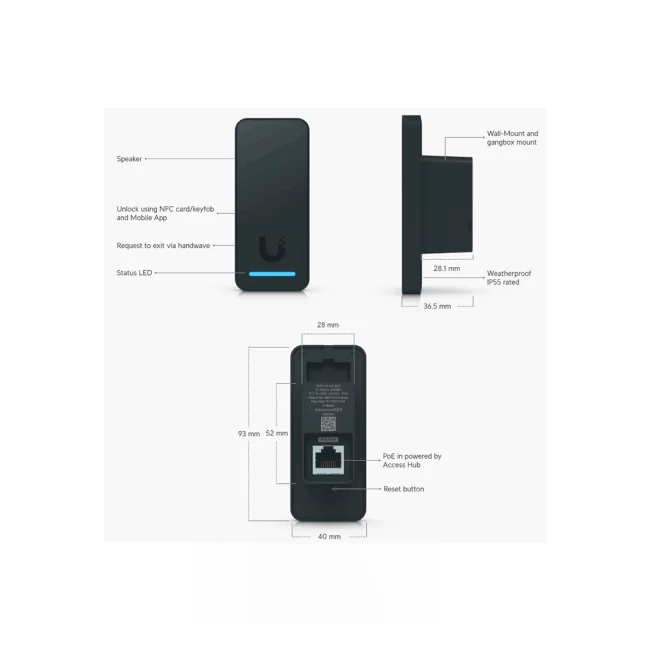 UBIQUITI UA-G2-BLACK - Lectora NFC para control de acceso , Desbloqueo Mediante NFC o App UniFi Identity , Configuración de Mensaje para Bienvenida &Salida , Grado de Protección IP55 , Conexión a UniFi Access Hub mediante PoE. image 2