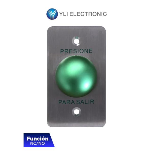 YLI PBK818A - Botón de Salida Tipo Hongo, Carcasa de Acero Inoxidable con Acabado Trefilado, Botón Verde, Función NC/NO