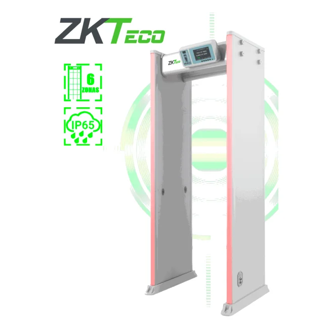 ZKTECO D4330IP65 Arco Detector de Metales con protección IP65 para semi exteriores, con 33 zonas de detección, 300 niveles de sensibilidad, pantalla HD 7", indicadores LED en ambas vistas, control remoto y batería de respaldo incluida.