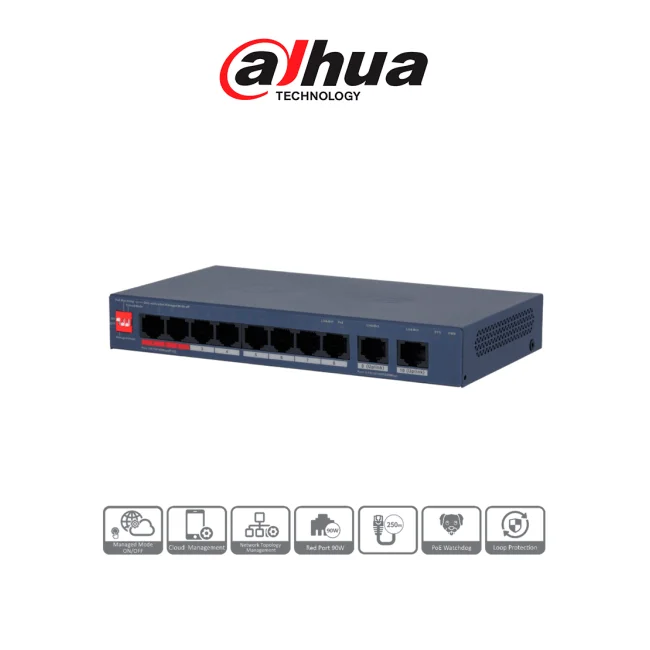 DAHUA DH-CS4010-8ET2GT-110 - Switch PoE de 10 Puertos/ 8 Puertos PoE 10 & 100/ 2 Puertos Uplink GE/ 2 Puertos PoE con Suministro de Hasta 90W/ 110 Watts Totales/ Administrable en la Nube por DoLynk Care/ PoE 250 Metros/ Metal/ Switching 5.6 Gbps/