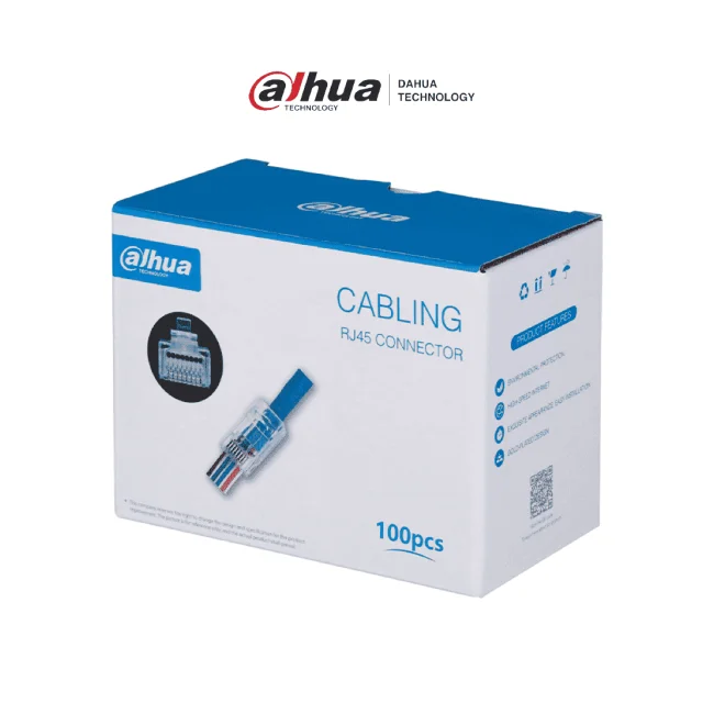 DAHUA PFM976-531-PT - Caja con 100 Plugs Pass through RJ45 Cat5e/ Chapado de Oro de 15 U"/ Clasificación de Resistencia al Fuego UL94V-2 /